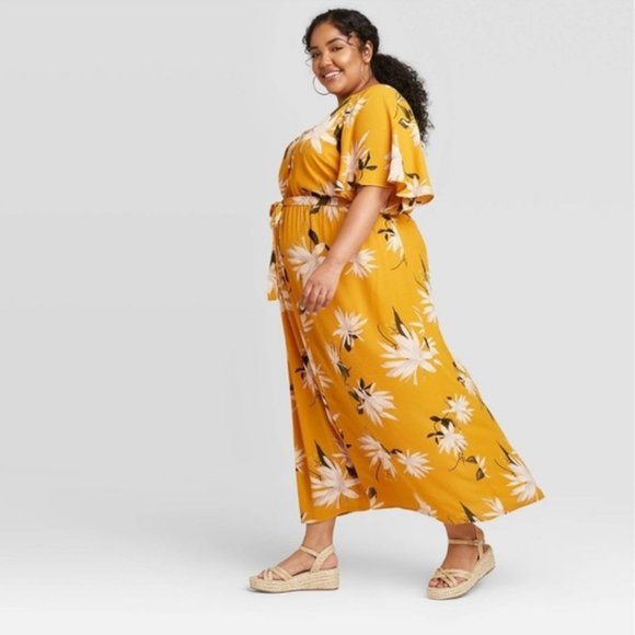 Ava & Viv Women’s Hawaiian Floral Print Maxi Dress, Gold Floral Size 0X - Picture 2 of 5